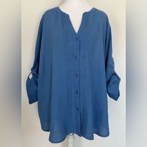 C. D. Daniels Blue Linen Blend Top 3/4 Roll Tab Sleeves Button Front 2X Tunic